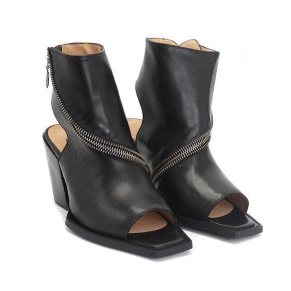 John Fluevog NYC City Spiral Open Toe Zip-Up Bootie / Size 6 / Black - Picture 1 of 12